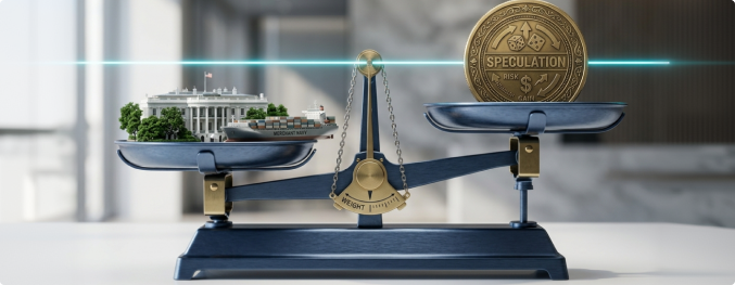 Scale balancing a white house/boat representation and a gold coin representing speculation